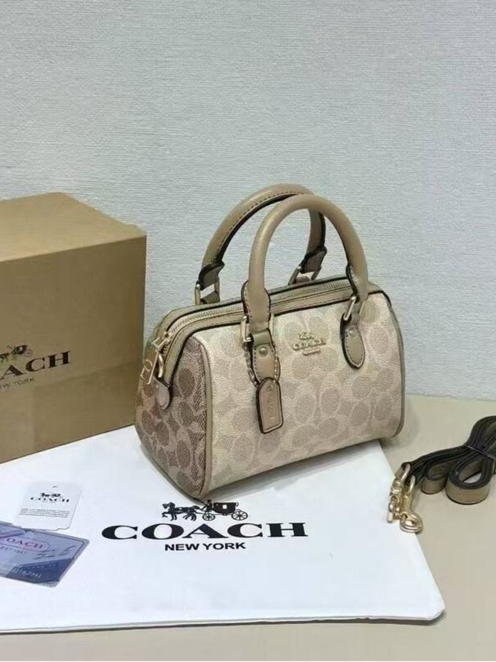 Coach Beige Signature Canvas Mini Satchel with Tan Trim